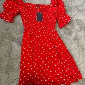 Skies are blue red flower dress